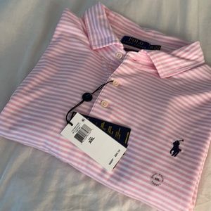 Men’s pink and white stripe polo tee